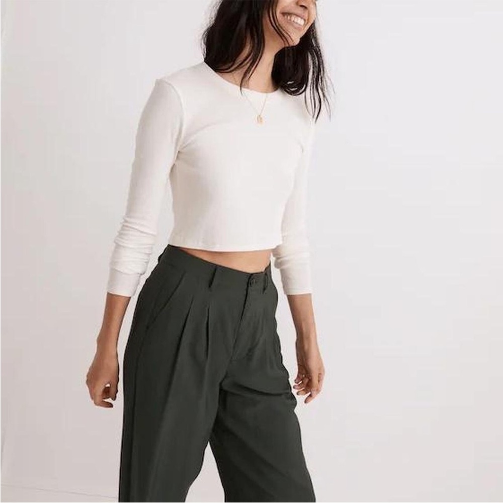 Madewell Antique Cream White Fine Ribbed Cropped Long Sleeve Top
